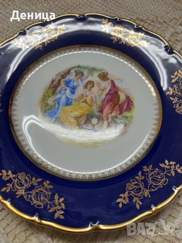 Трите грации, кобалт, позлата⚜️  MZ (Moritz Zdekauer)  Порцеланова чиния , снимка 6 - Чинии - 53156567