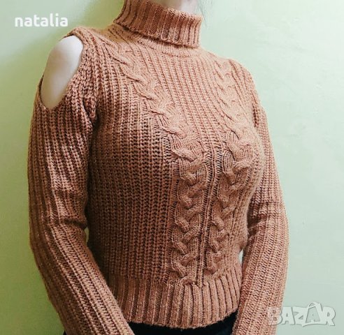 Дамски пуловер с голи рамене в цвят кафяв Рр S, снимка 3 - Блузи с дълъг ръкав и пуловери - 43284599