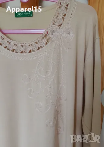 Бежова памучна блуза с бродерия, снимка 3 - Блузи с дълъг ръкав и пуловери - 50235085