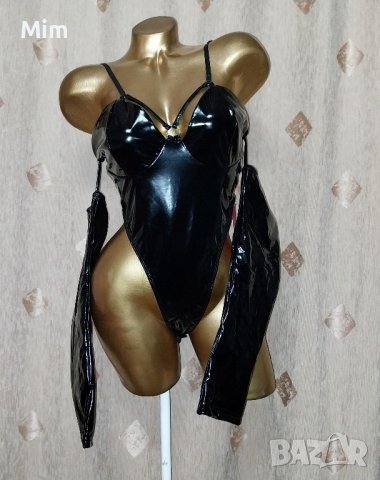 L Черно боди с ръкави от лак / винил/, снимка 8 - Корсети, бюстиета, топове - 43556430
