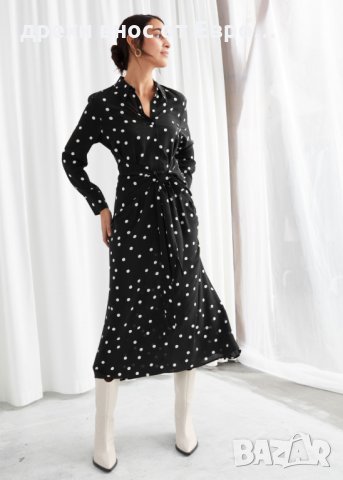 Paris Atelier & Other Stories Ежедневна лятна черна ефирна рокля на точки с дълъг ръкав, снимка 3 - Рокли - 33090888