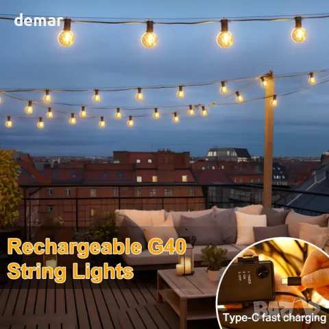 DSLebeen Festoon Lights, акумулаторна 5000mAh батерия, G40 LED стрингови светлини, 12 м, топло бяло, снимка 2 - Лед осветление - 47999974