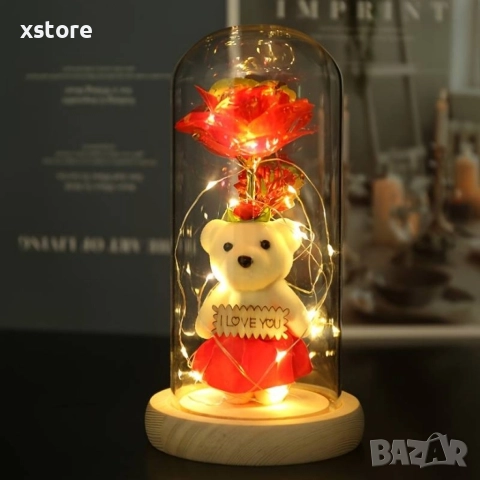 Вечна роза в стъкленица с мече с поличка и лед светлина ПРОМОЦИЯ, снимка 3 - Други стоки за дома - 52793336