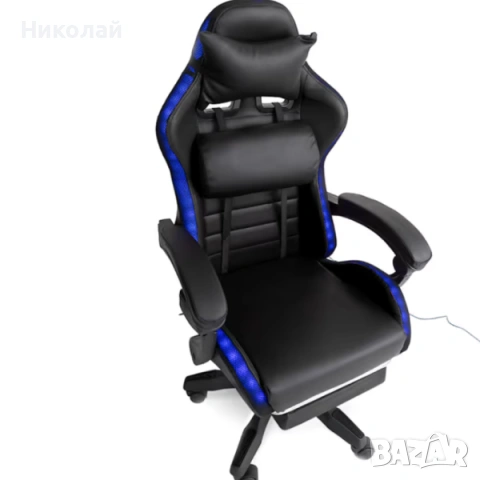 Черен геймърски стол с масаж, LED осветление и поставка за крака, снимка 2 - Геймърски - 53307996