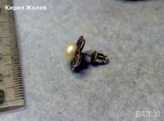 СКЪПОЦЕННА СРЕБЪРНА ПЕРЛЕНА ОБЕЦА СРЕБРО 925 с НАТУРАЛНА БЯЛА ПЕРЛА и ФАСЕТИРАНИ МАРКАЗИТИ 45514, снимка 2 - Обеци - 49757538