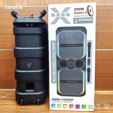 🔊 ABS-12202 – 12”×2 Xbass 200W 6000mah-50лв Професионална караоке тонколона, Bluetooth, 2 микрофонa, снимка 10 - Караоке - 51831246
