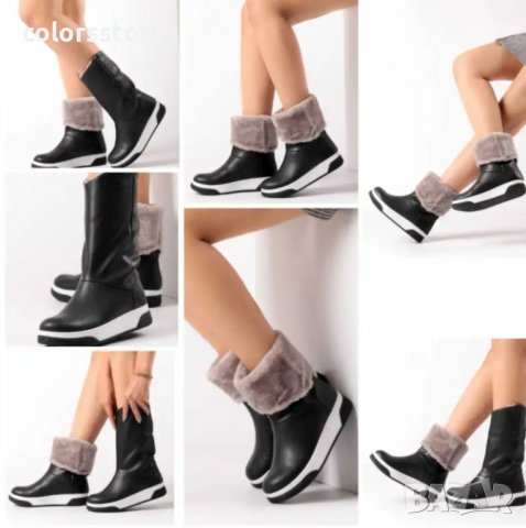 Равни боти - черна кожа със сив пух - ST24, снимка 3 - Дамски боти - 33682921