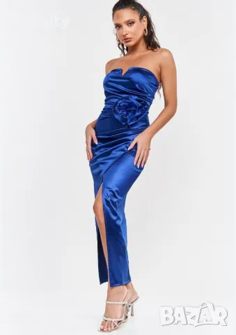 Официална сатенена рокля с роза в кралско синьо Два цвята , снимка 2 - Рокли - 49842447
