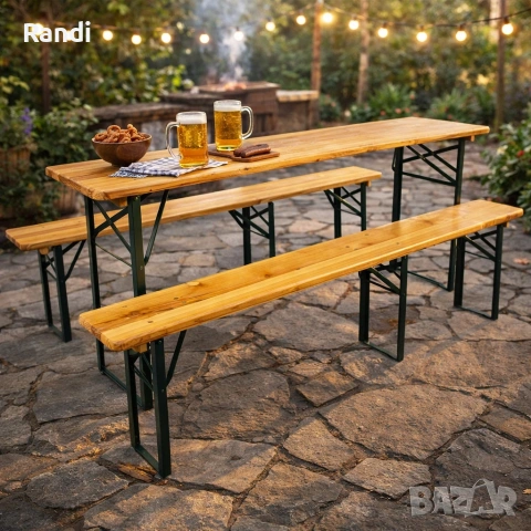 Сгъваем комплект градинска маса с 2 пейки - От чамово дърво, с отвор за чадър, снимка 10 - Маси - 53503065