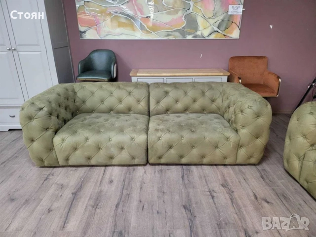 Зелен комплект дивани от плат набук две тройки тип Честърфийлд, снимка 10 - Дивани и мека мебел - 51956009