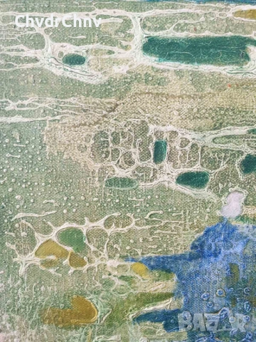 70х40см/абстрактна стара картина масло върху платно/ексресионизъм/зелена вода/дървена рамка, снимка 6 - Картини - 51432205