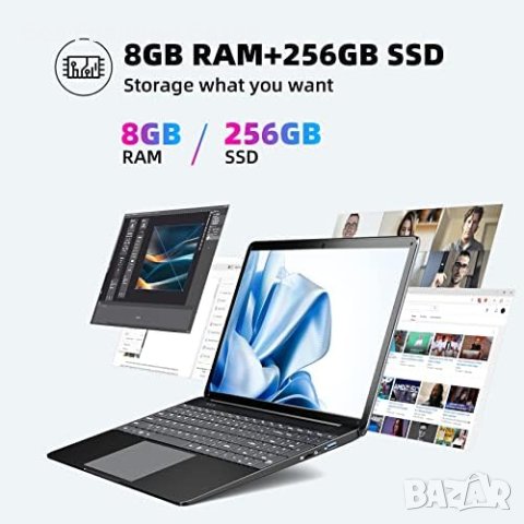 Нов 15,6-инчов лаптоп 8GB RAM 256GB SSD съхранение Подарък, снимка 4 - Лаптопи за работа - 43016163