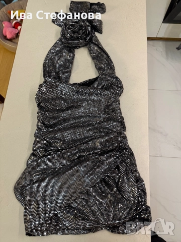 Нова 5 Д роза  парти коктейлна официална къса блестяща сиви бляскави елементи , снимка 2 - Рокли - 52774610