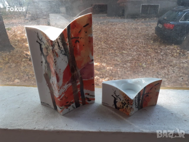 Невероятен дизайнерски комплект ваза и свещник порцелан