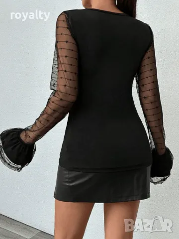 Елегантна черна блуза с тюлени ръкави, снимка 2 - Блузи с дълъг ръкав и пуловери - 49920165