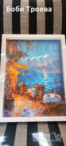 Жива Морска Картина с Балкон, Лунен Небосвод и Яхти