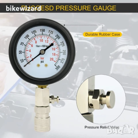 Тестер за компресия, компресомери за двигател, устройство за бензинов двигател 0-20 Bar или 0-300 PS, снимка 4 - Други инструменти - 51143013