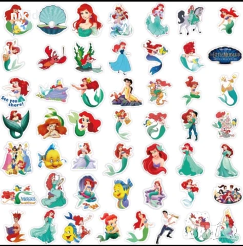50 бр Малката Русалка Ариел самозалепващи лепенки стикери за украса картонена торта, снимка 10 - Други - 45778692