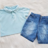 Дънкови панталонки и тениска с якичка 6-9 месеца - ръст 74см. , снимка 1 - Комплекти за бебе - 28605100