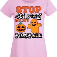 Дамска тениска Stop Staring At My Pumpkin 2,Halloween,Хелоуин,Празник,Забавление,Изненада,Обичаи,, снимка 10 - Тениски - 38138377