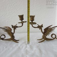 2 бр свещници с дракони месинг бронз антика фигура статуя, снимка 1 - Антикварни и старинни предмети - 28874398