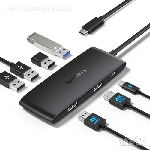 Нов хъб Докинг станция 7 в 1 USB C, двойно 4K HDMI, зареждане 100W, снимка 1