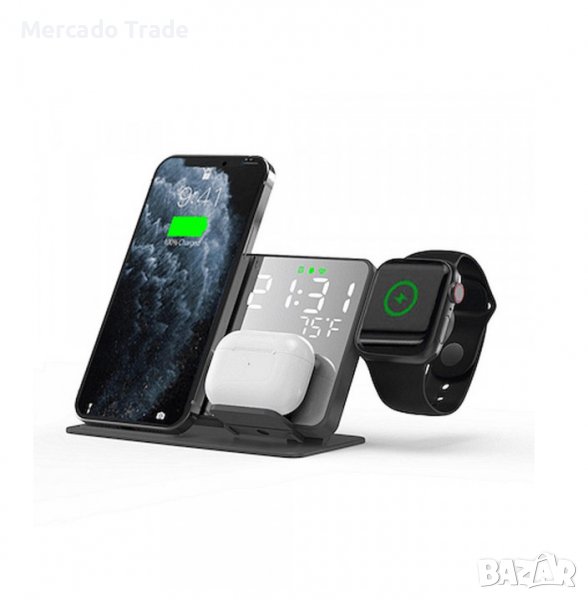 4 в 1 Зарядно Mercado Trade, Станция за зареждане, Часовник и температура, USB, Черен, снимка 1