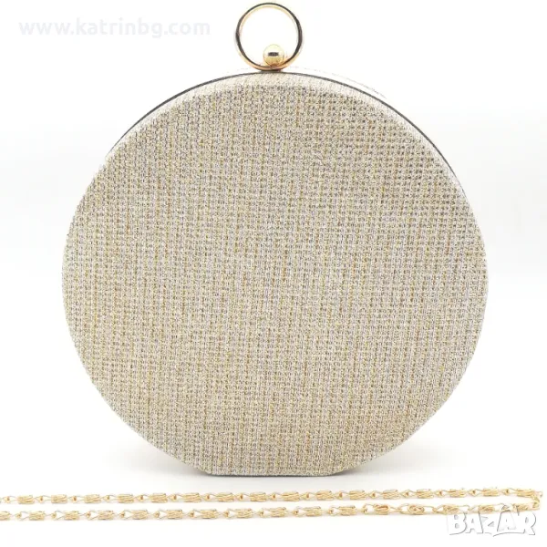 Дамска чанта клъч малка, кръгла, златиста, твърда, снимка 1