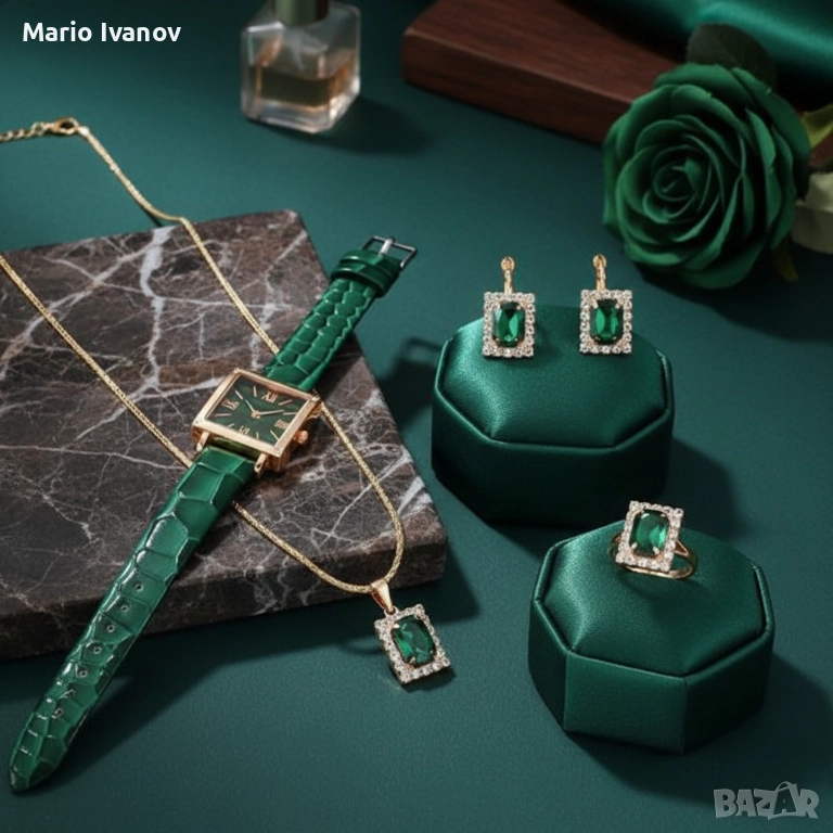 Елегантен комплект часовник и бижута с зелени кристали и златист корпус, снимка 1