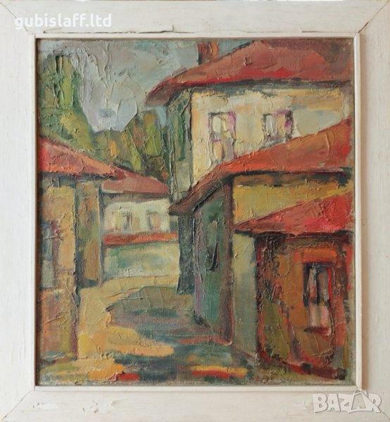 Картина, стари къщи, български автор, 1983 г., снимка 1
