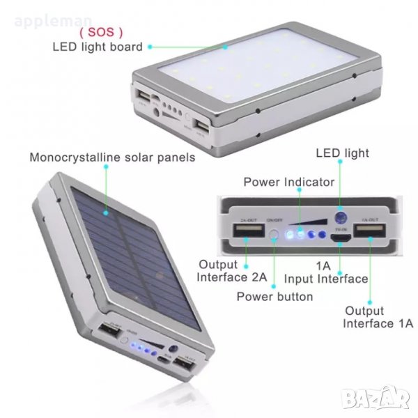 Соларна външна батерия power bank 60000mah с led фенер телефон iphone, снимка 1