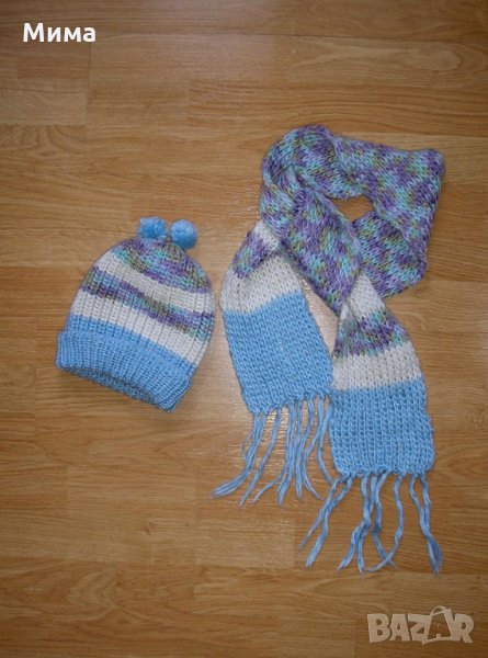 Плетени шал и шапка, синьо и бяло , снимка 1