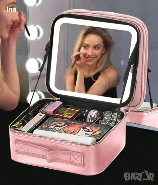 Розова козметична чанта с лед огледало, снимка 1