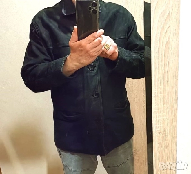 Кожено яке (набук) с вълнена подплата, черно, размер L , снимка 1