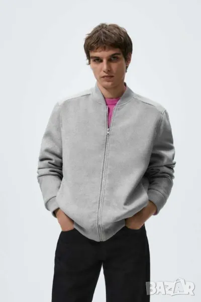 Мъжко яке тип бомбър с рипсена яка и дълги ръкави Zara, Сиво, XL, снимка 1