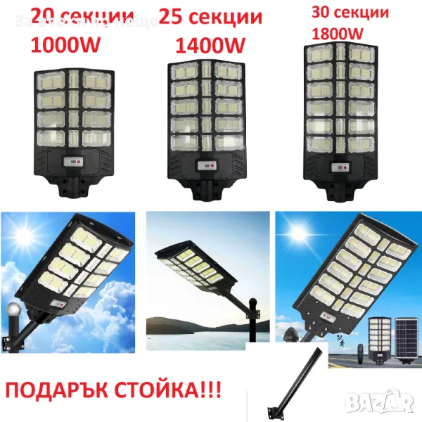 Соларна LED лампа 20,25,30 секции 1000,1400,1800W LYLU със стойка, снимка 1