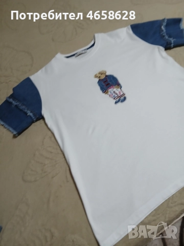 Бяла тениска с дънкови ръкави , снимка 2 - Тениски - 52512464