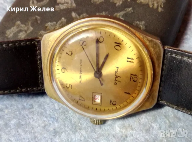 RUHLA ANTIMAGNETIC MADE in GDR Стар ПОЗЛАТЕН НЕМСКИ ЧАСОВНИК РУХЛА РАБОТИ КАИШКА Естеств. КОЖА 48690, снимка 12 - Антикварни и старинни предмети - 48148766