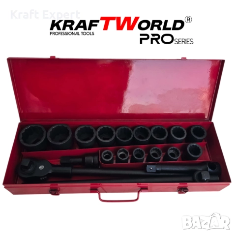 Гедоре 21 части с 12-стенни ударни вложки KraftWorld 3/4″ – професионален комплект за камиони, снимка 2 - Гедорета - 51465855