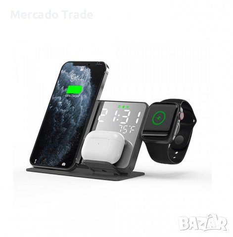 4 в 1 Зарядно Mercado Trade, Станция за зареждане, Часовник и температура, USB, Черен