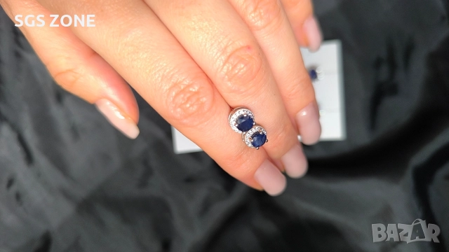 Сребърни обеци със син сапфир, снимка 4 - Обеци - 52871633