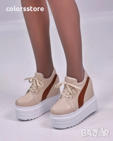 Кецове на платформа - бежови с кафява лента - SJN56 , снимка 2 - Кецове - 51437377