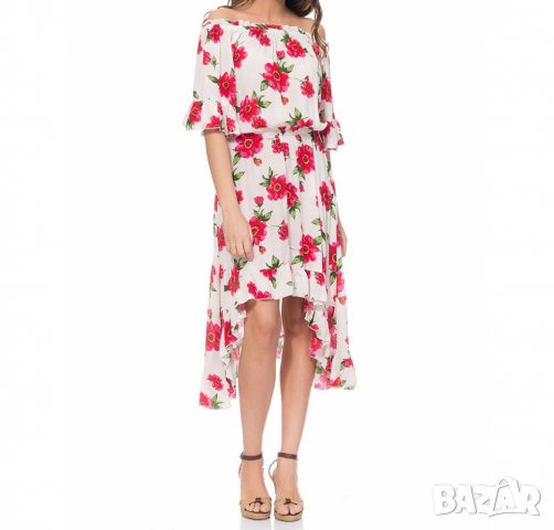 Асиметрична лятна бяла рокля с червени цветя марка Lady Boho - L