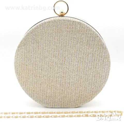 Дамска чанта клъч малка, кръгла, златиста, твърда