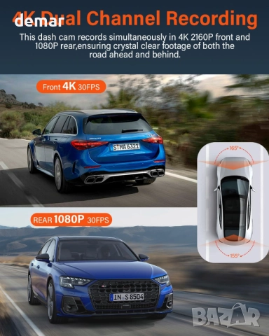 4K видеорегистратор за автомобили отпред и отзад, WiFi, GPS, 64GB SD, снимка 2 - Аксесоари и консумативи - 52533748