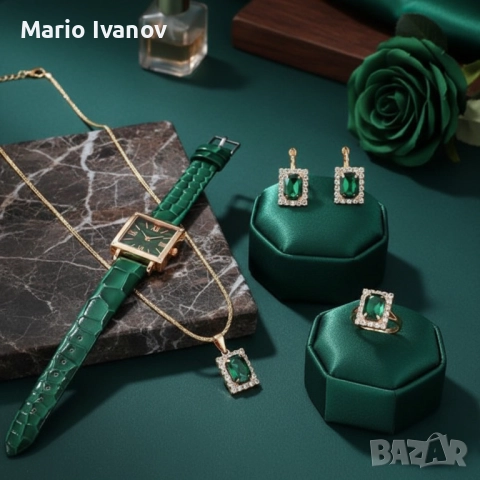 Елегантен комплект часовник и бижута с зелени кристали и златист корпус