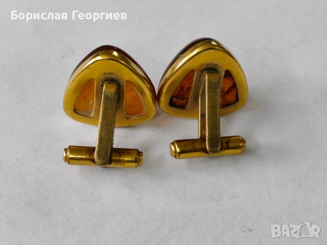 Руски позлатени ръкавели с кехлибар, снимка 3 - Колекции - 52288478