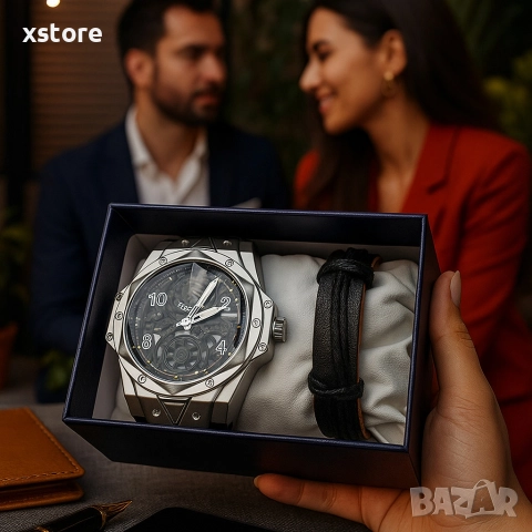 Мъжки подаръчен комплект – стилен часовник и черна гривна, снимка 5 - Мъжки - 52790983