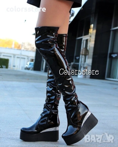 Ботуши на платформа - черен лак и брокат - 122K