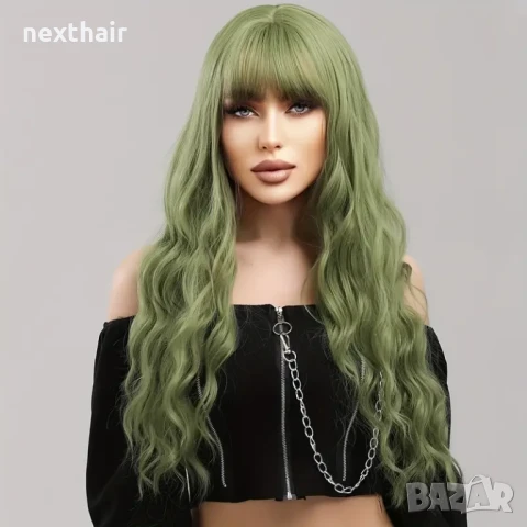 Зелена аниме къдрава перука с бретон, снимка 6 - Аксесоари за коса - 50479162